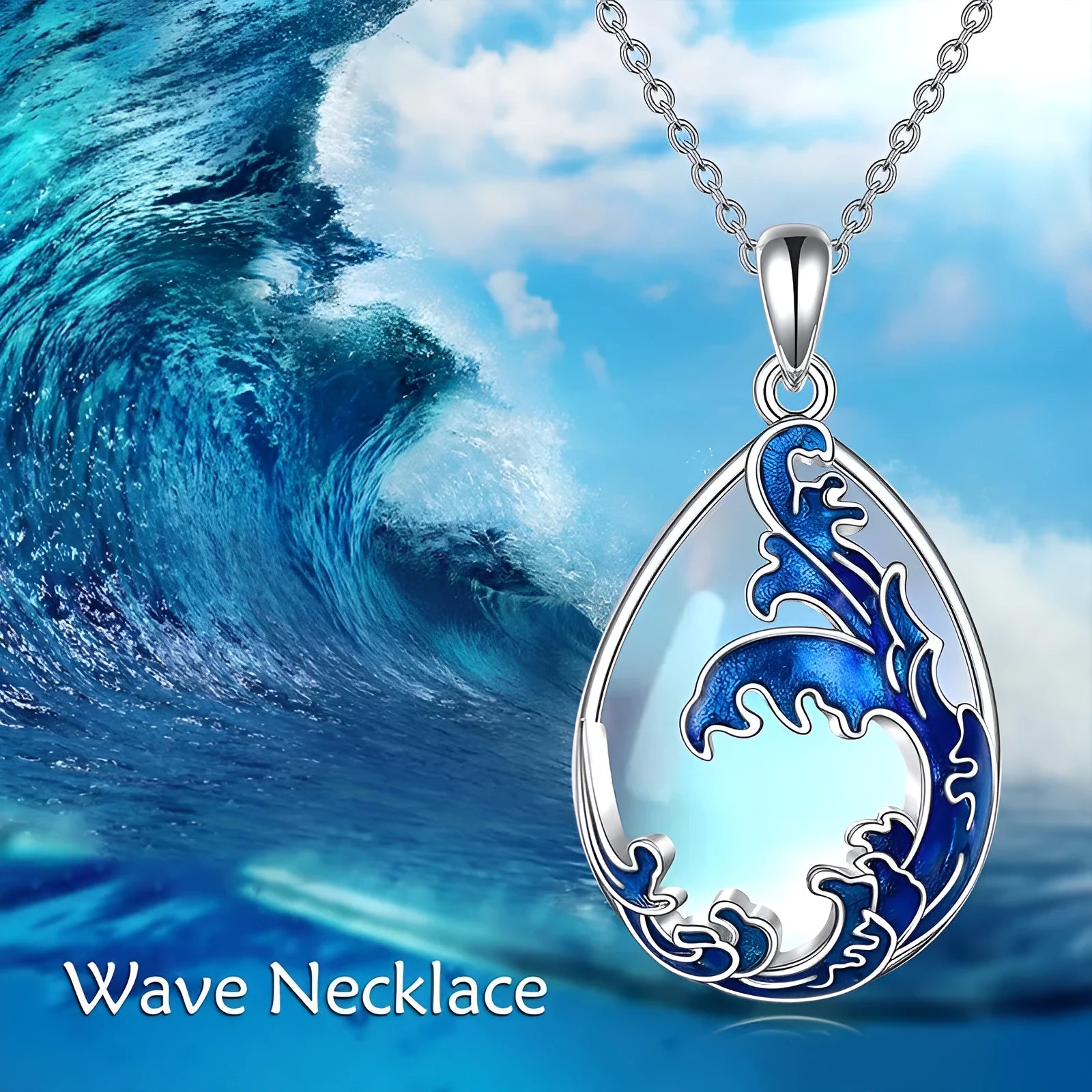 Moonstone blue alloy heart pendant on a women's necklace chain.