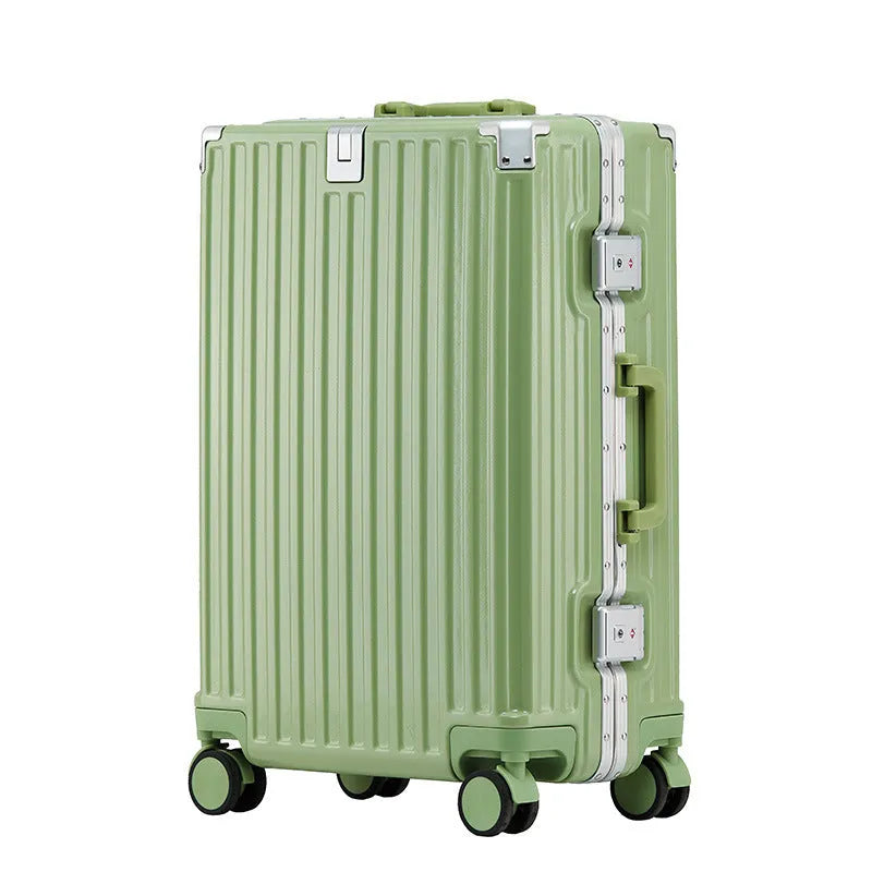 Hard shell aluminium frame luggage in avocado green with USB port and universal wheels.