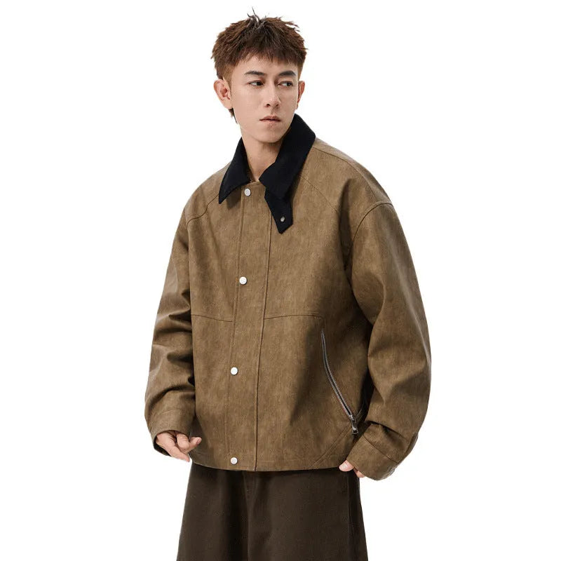 Large size men's PU leather coat with polo collar, available in black, khaki, and caramel, sizes M to 8XL
