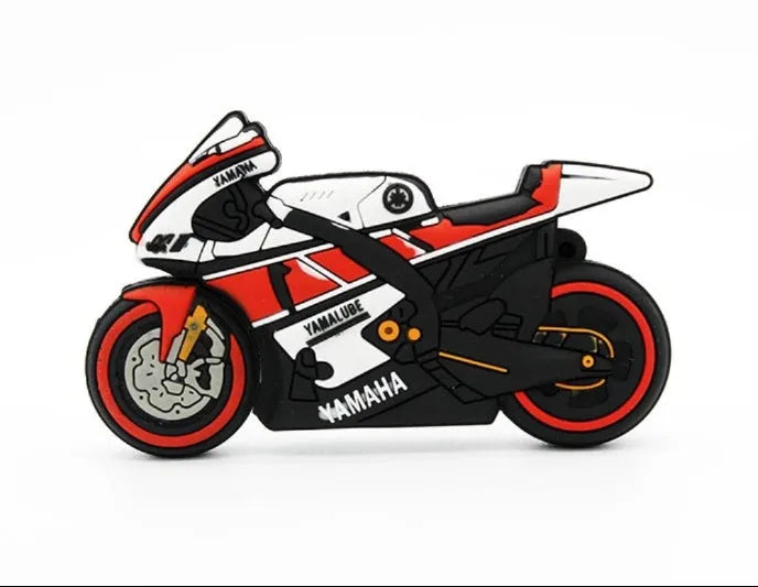 Cartoon motorcycle USB flash drive in red and white with wrist strap loop