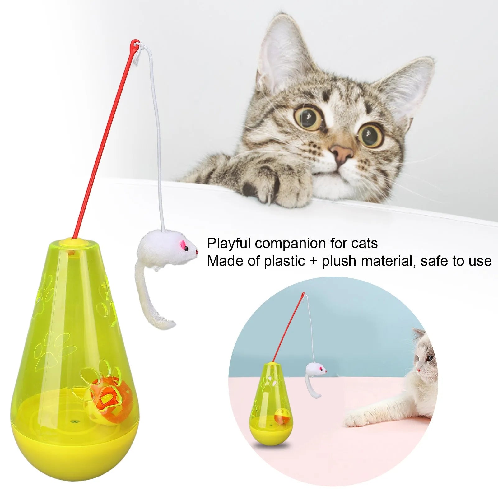 Blue and yellow cat toy with bell ball and treat dispenser plus plush mouse wand on white background