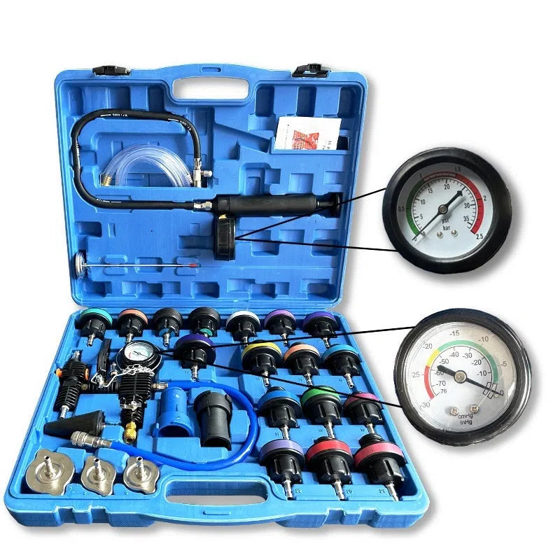 28-piece car water tank pressure leak detector set in a small blue box for car maintenance
