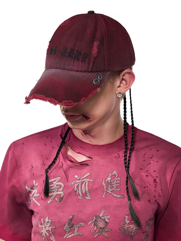 Rose red distressed peaked baseball cap with adjustable back strap and spray-painted vintage finish