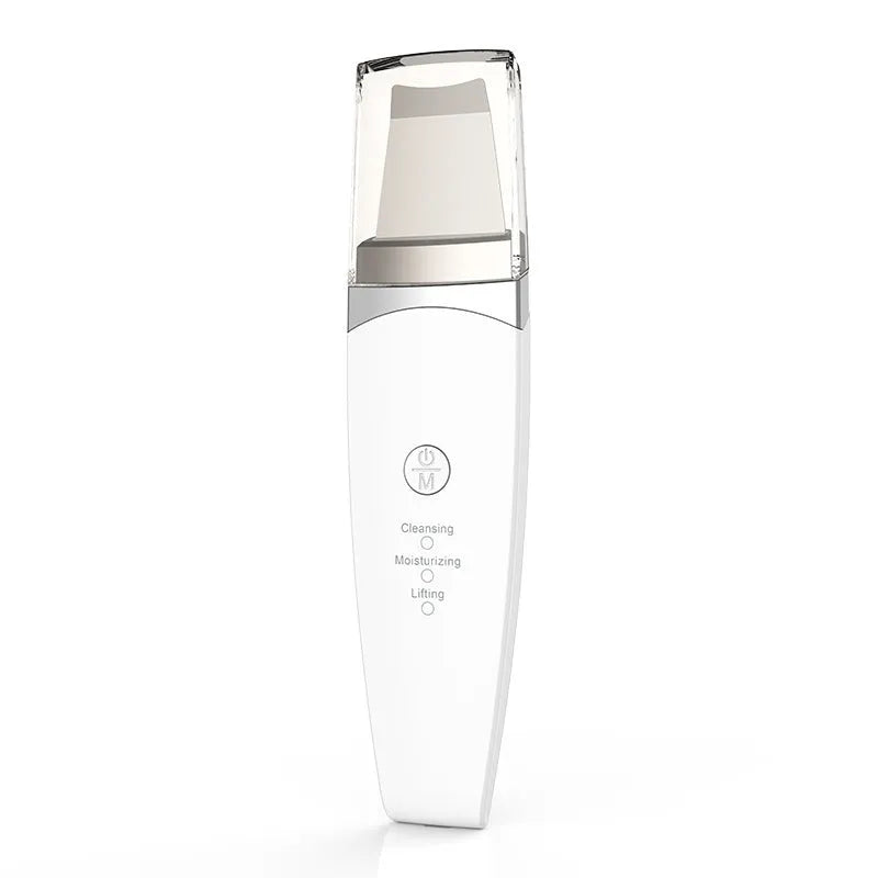 Ultrasonic peeling beauty instrument G77 white, 183.5 mm long, with stainless steel shovel head and USB charging cable