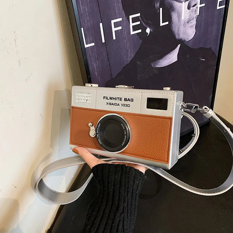 Soft PU mini crossbody camera bag in horizontal square shape with chain strap in black colour
