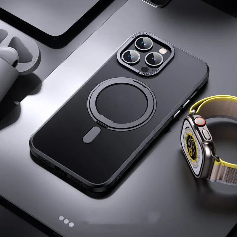 Transparent magnetic fulcrum protective case for iPhone models 11 through 15 Pro Max.