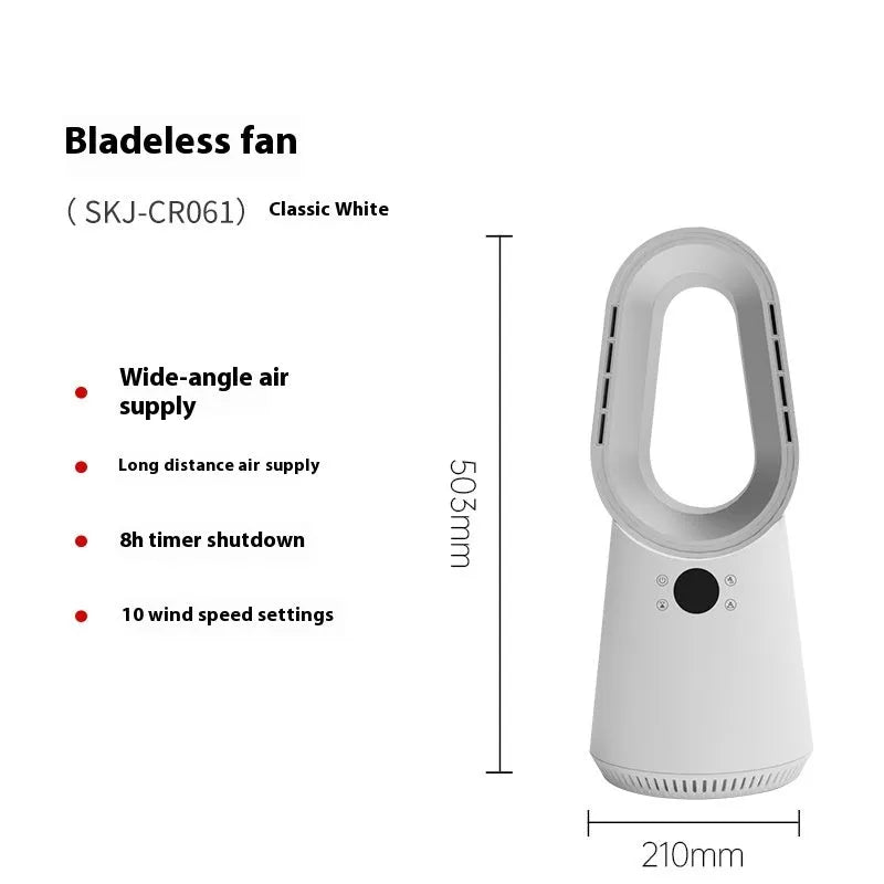 White bladeless tower fan with remote control on wooden floor