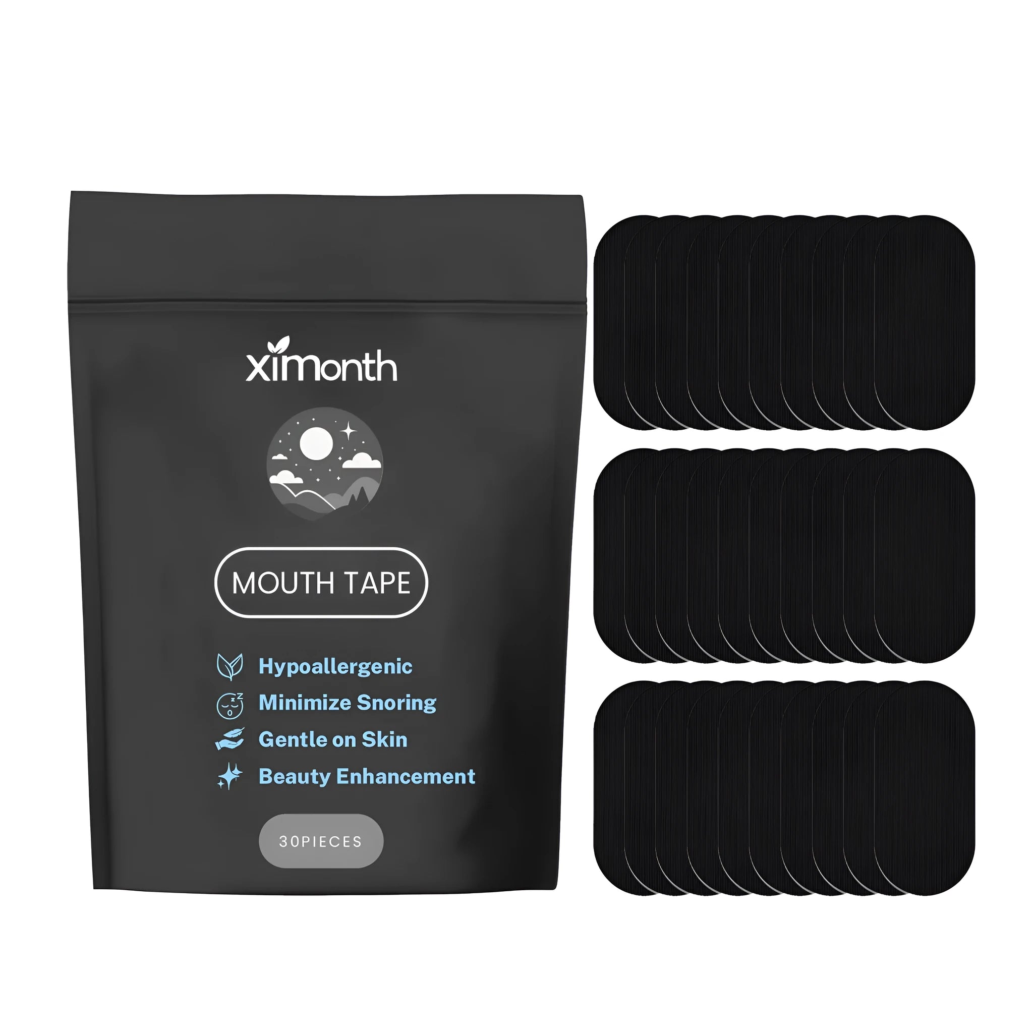 Pack of 30 anti-snoring adhesive mouth strips with vitamin E and lavender oil.