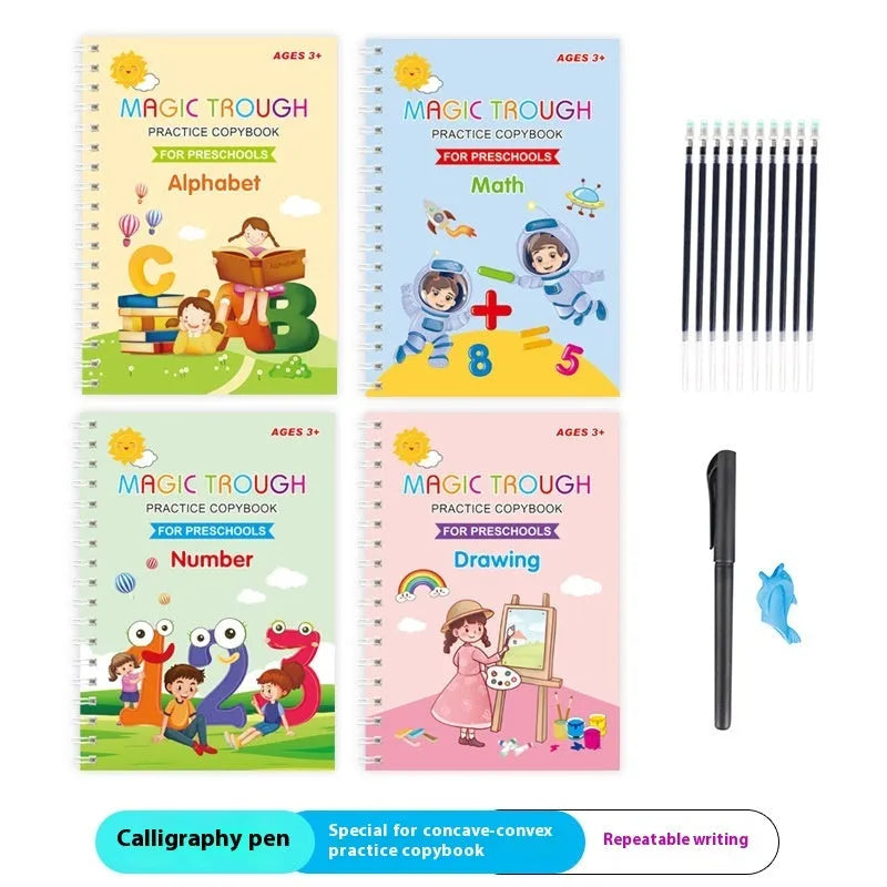 Children's calligraphy practice book set with grooves and refill pens on white cardboard