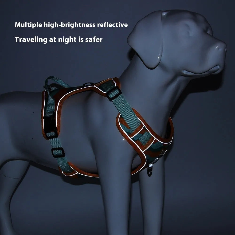 Orange reflective dog chest and back harness with an integrated hand-holding walking rope.