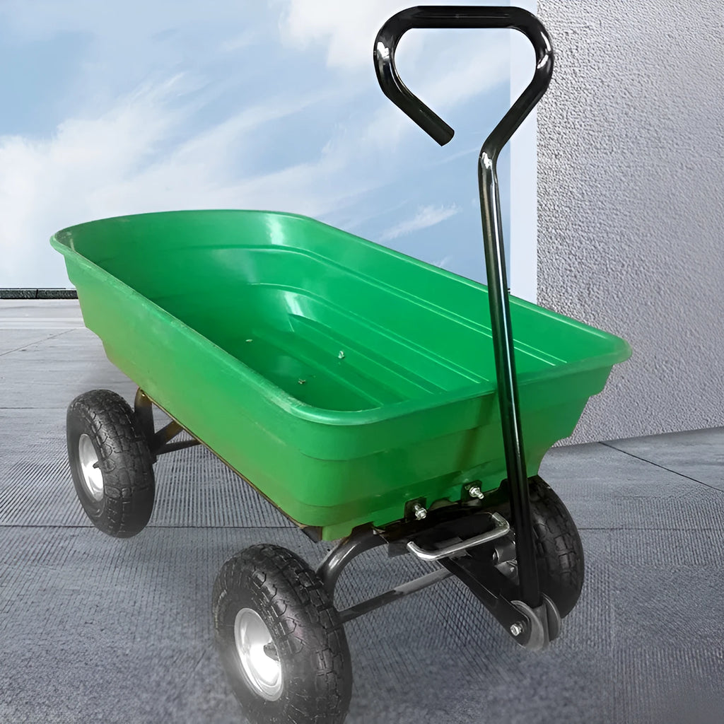 Green four-wheel plastic dump truck with a steel PP body and a tipping load bed.