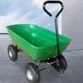 Green four-wheel plastic dump truck with a steel PP body and a tipping load bed.