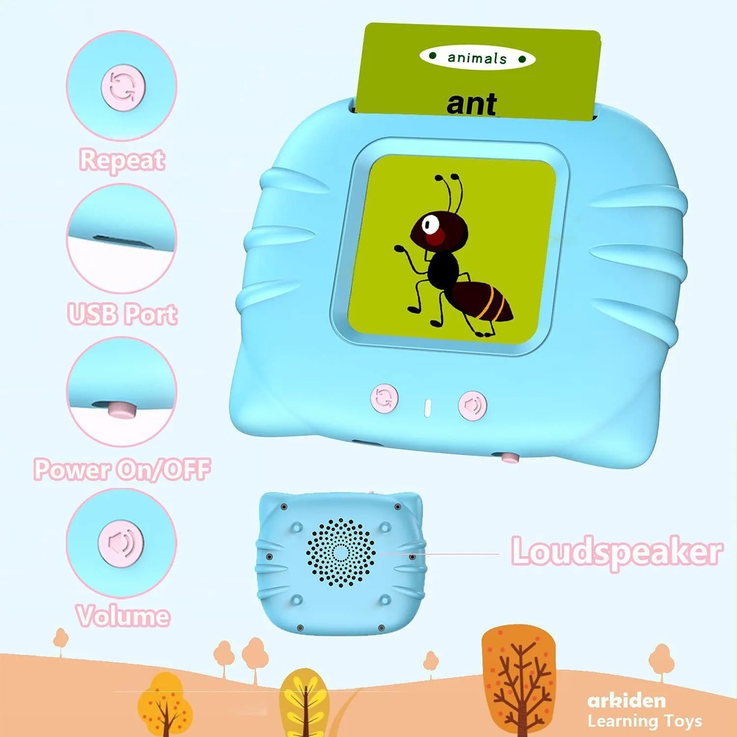Children's English learning machine with audio book cards showing blue colour and educational interface