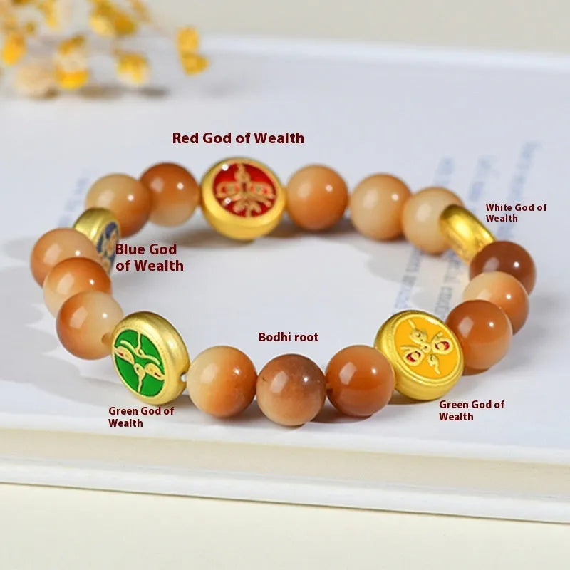 Yellow bodhi seed bracelet with geometric shapes measuring 14-17 inches