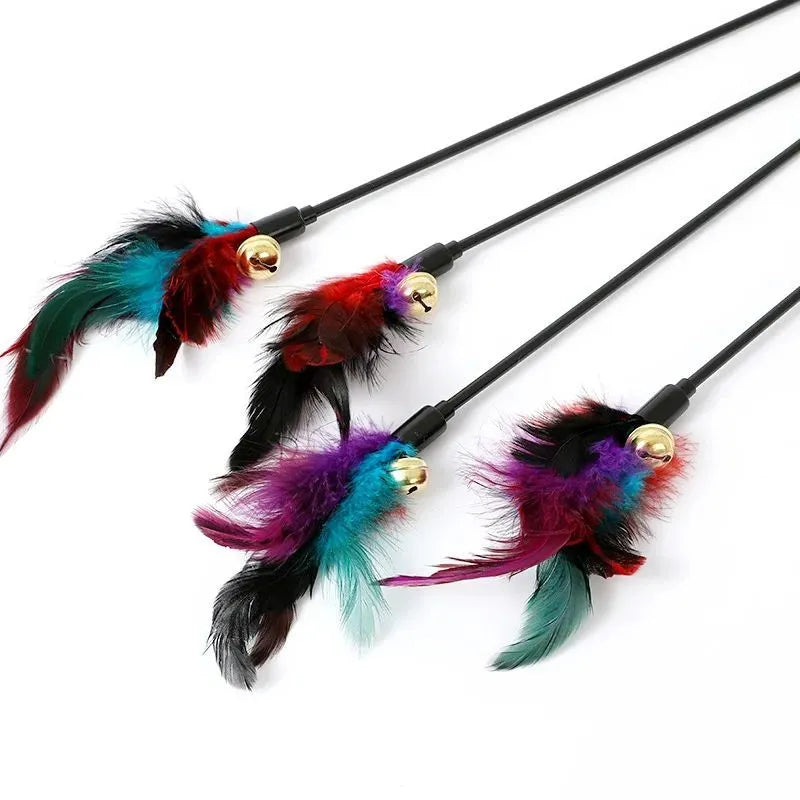 Rainbow cat feather toy stick with plush feathers and bells on plastic handle 35cm long