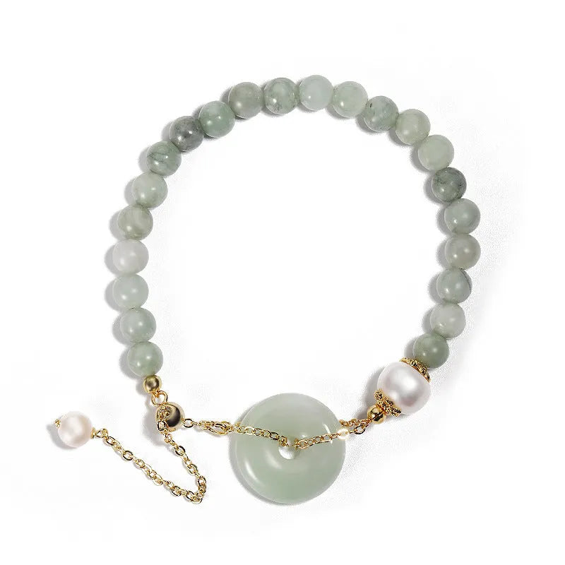 Women's Korean style crystal bracelet with choice of jade pendant, strawberry quartz, or spodumene purple styles and various buckle types.