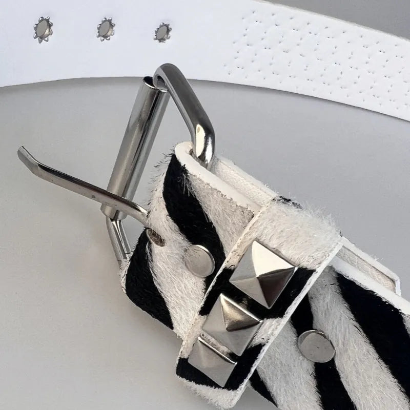Women's punk belt with metal rivets and animal print pyramid pattern on PU leather strap