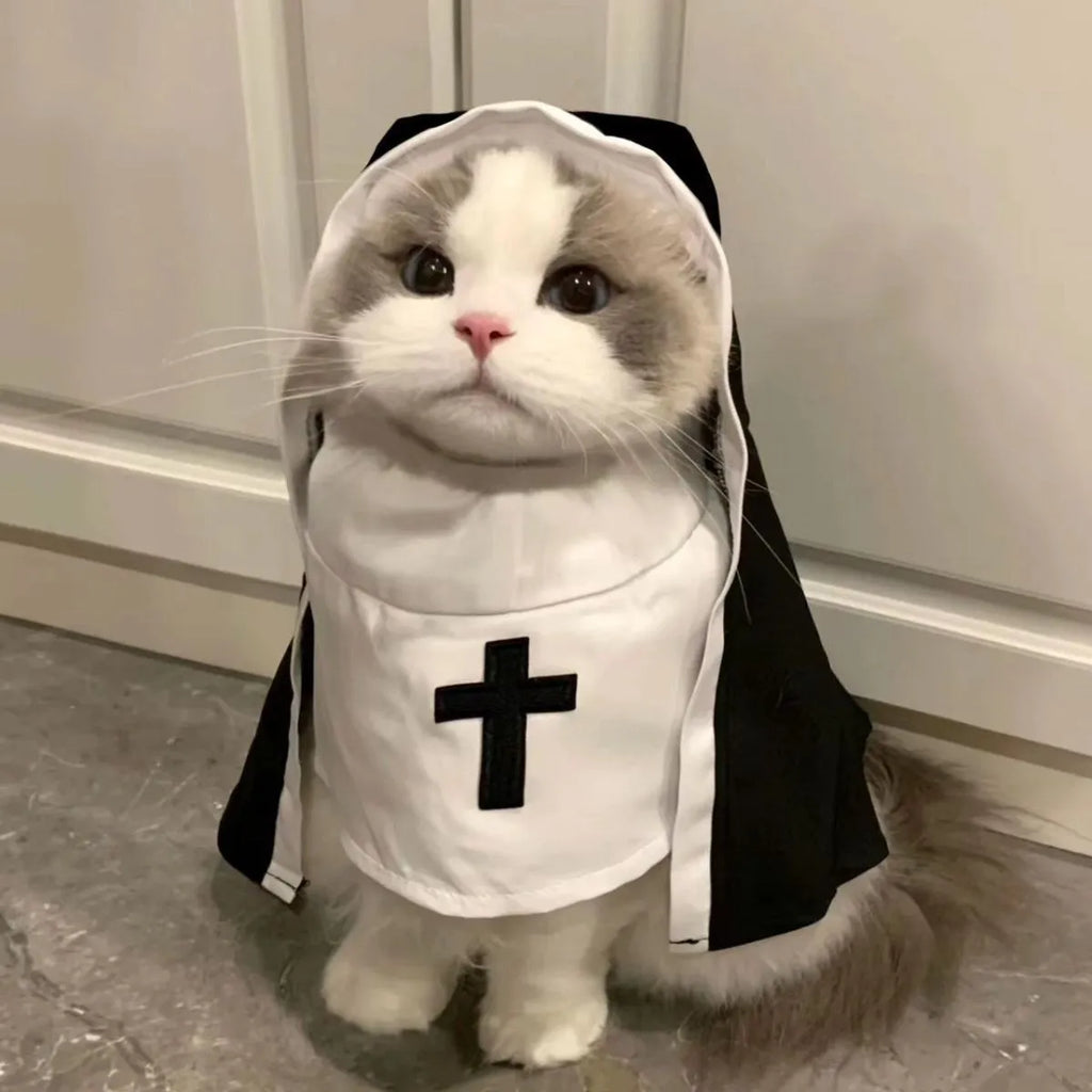 Black and white nun costume for small medium dogs with cloak design