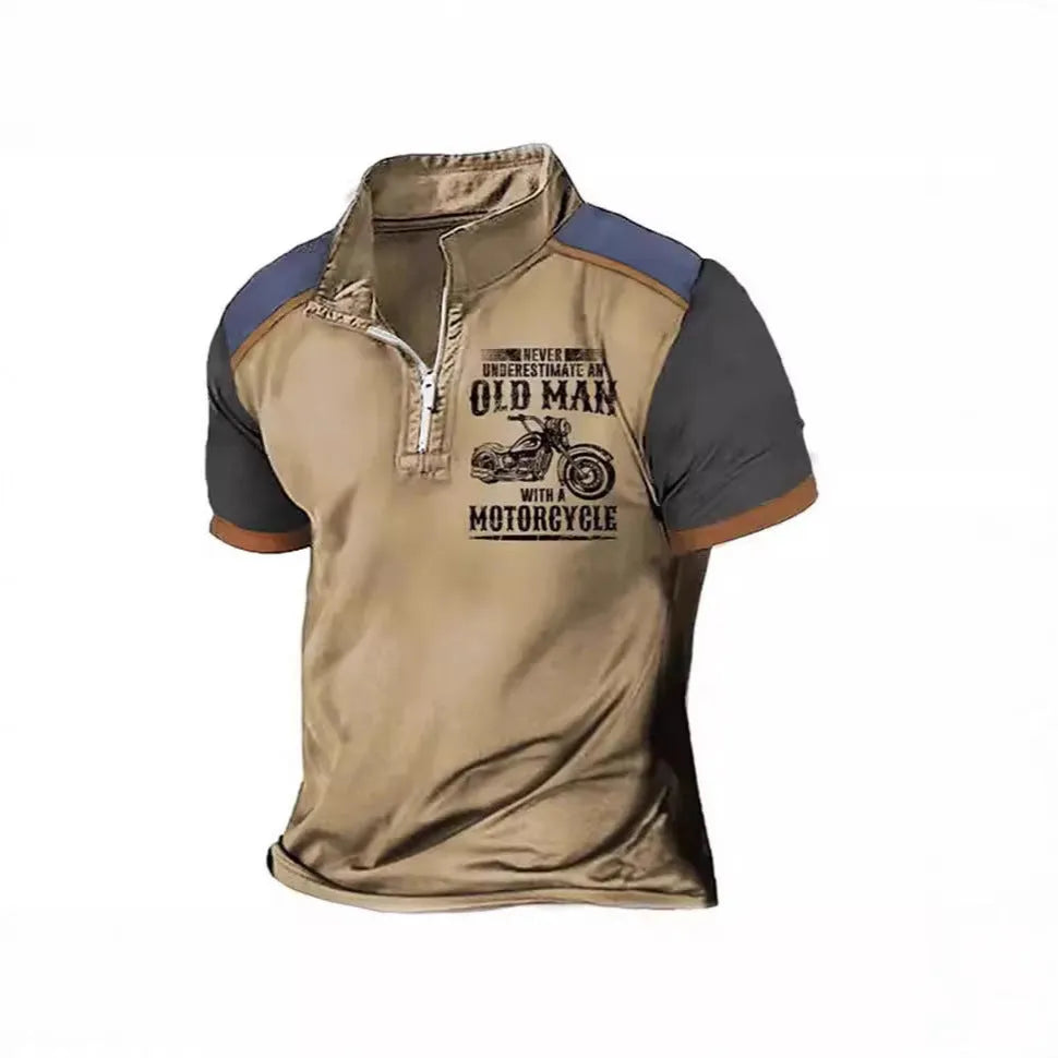 Men's casual lapel collar polo shirt with a digital letters pattern and zipper details on the front.