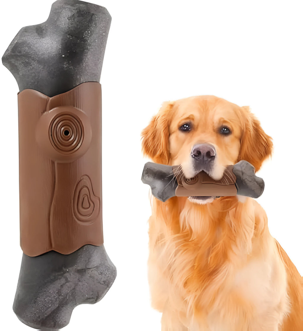 Large branch-shaped nylon dog toy for aggressive chewers with built-in squeaker and bacon flavour.