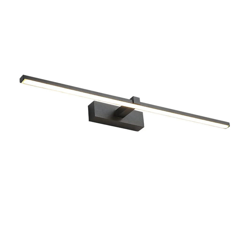 60x8cm black LED bathroom wall lamp with push button switch mounted above a vanity mirror