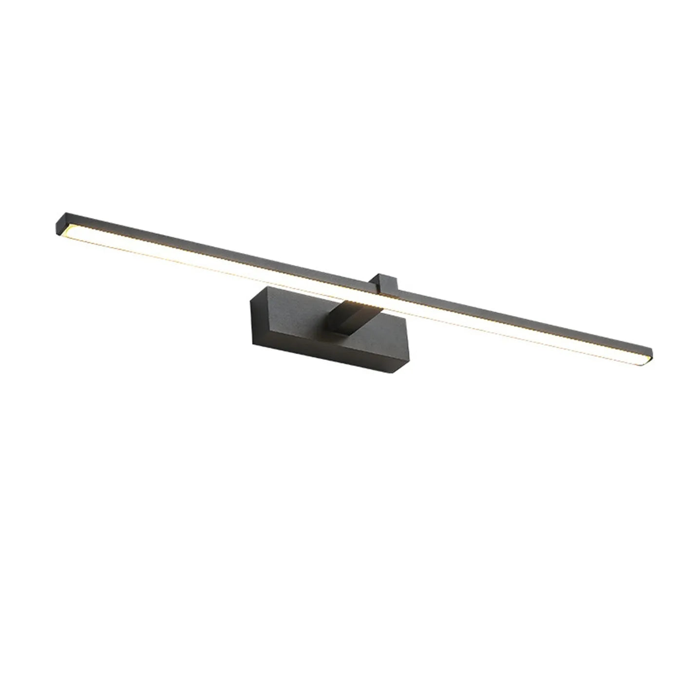 60x8cm black LED bathroom wall lamp with push button switch mounted above a vanity mirror