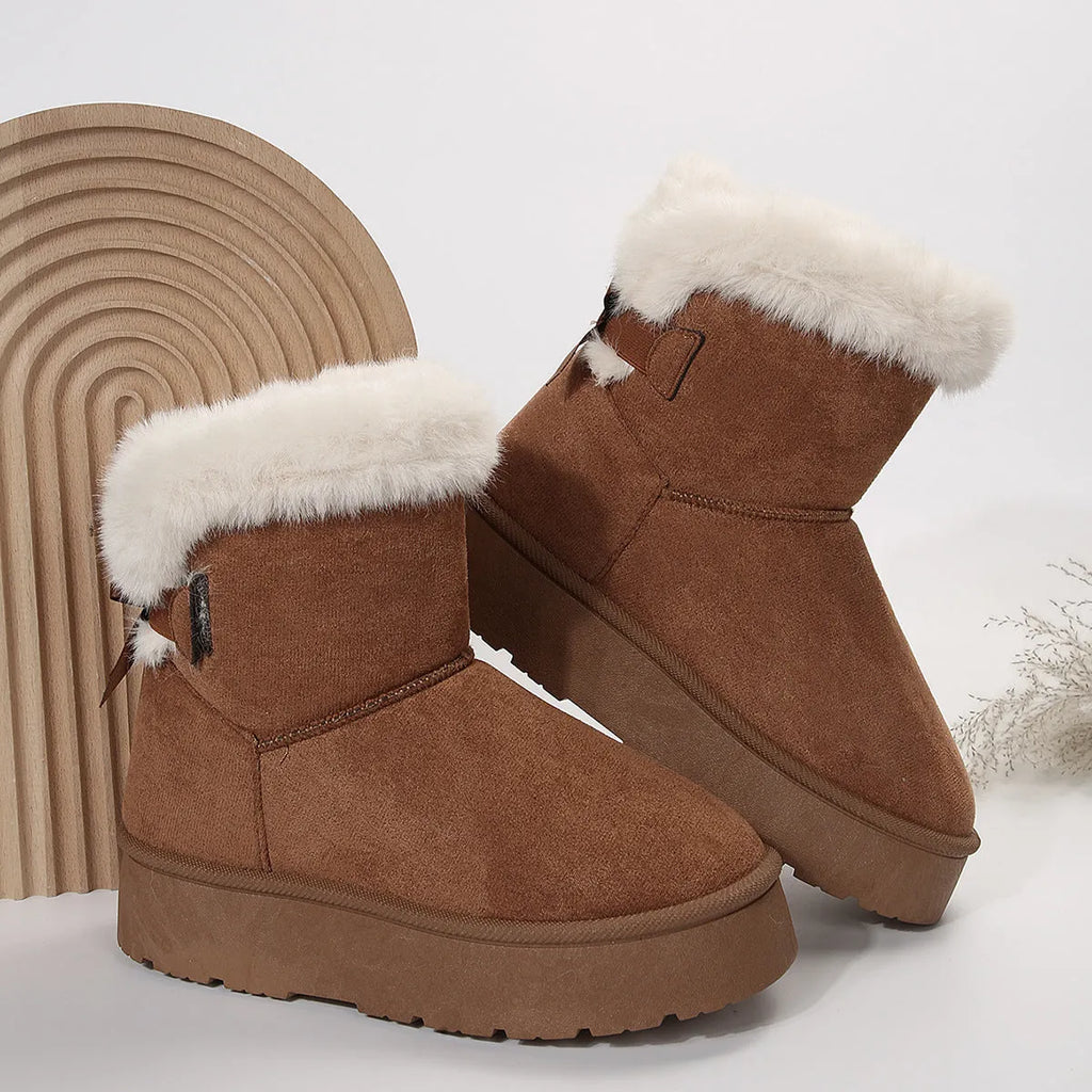 Black artificial PU winter snow boots for women with bowknot and Velcro closure