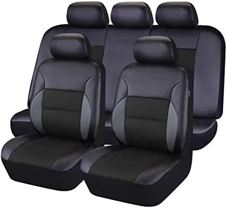 Set of artificial leather car seat covers showing headrest, front seat, and back seat pieces in a choice of colours.