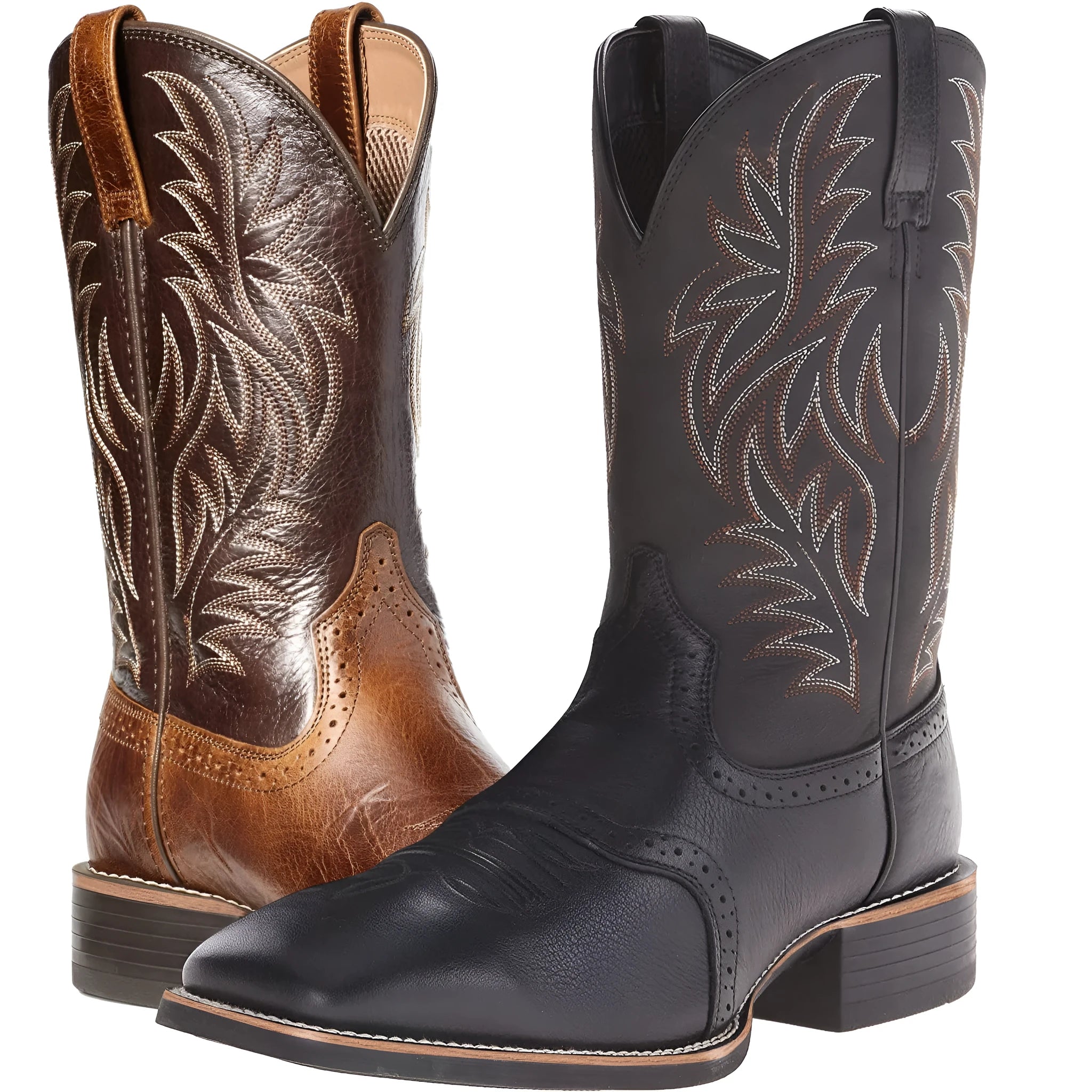 Black men's cowboy boots with detailed embroidery and stitching, square toe, and a low horseshoe heel.