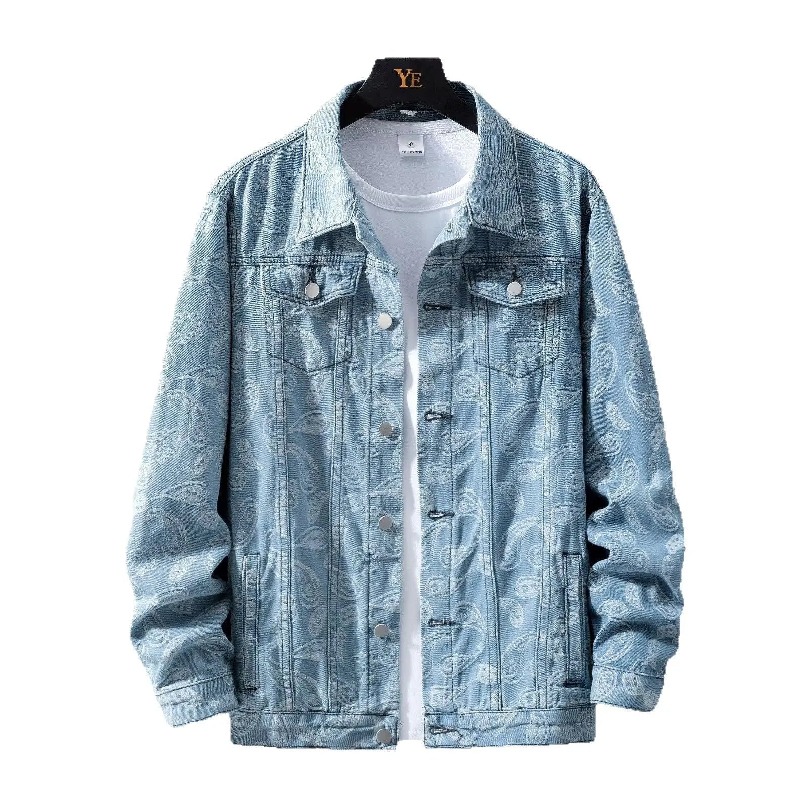 Men's slim fit cotton denim coat with drawstring waist and patch pockets