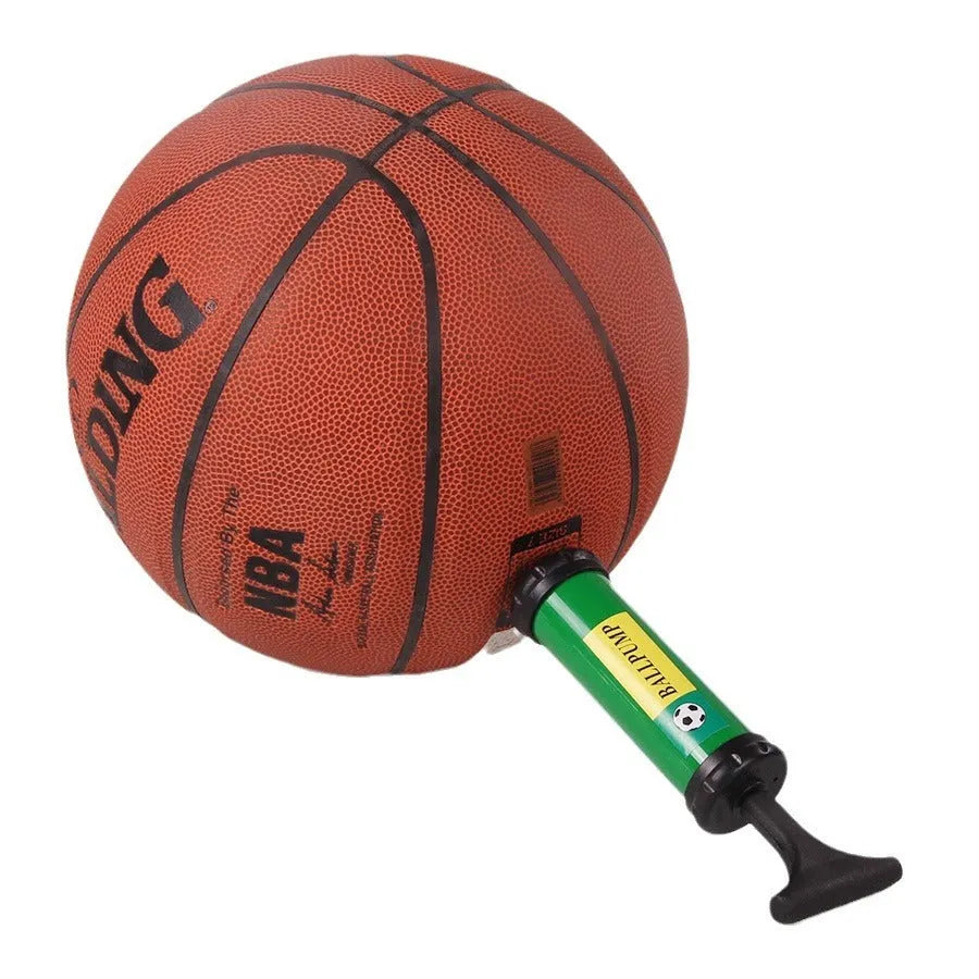 Mixed colour plastic manual hand pump for inflating basketballs, volleyballs, footballs, and balloons.