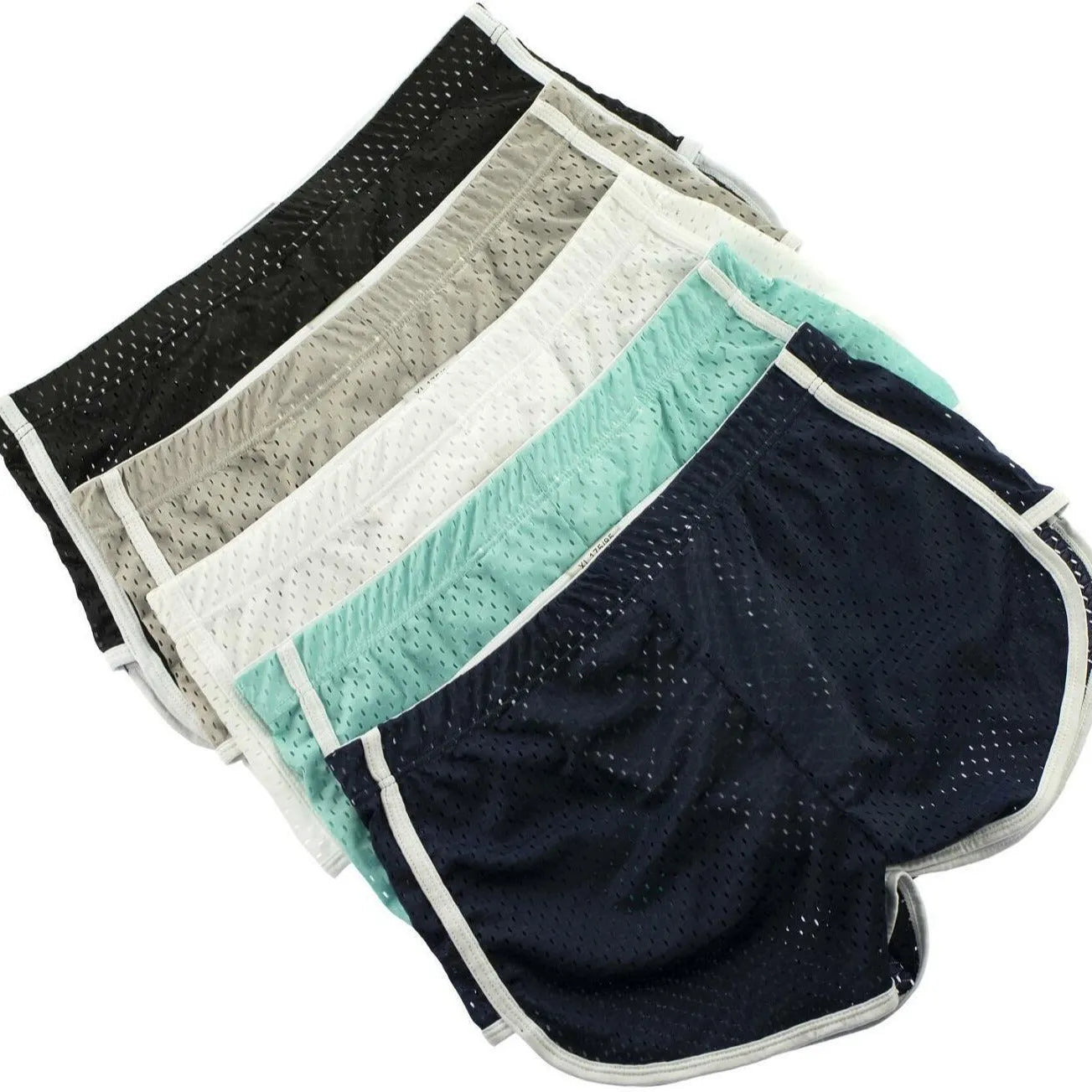 Men's grey three-point boxer shorts with a mid-waistband on a plain background.