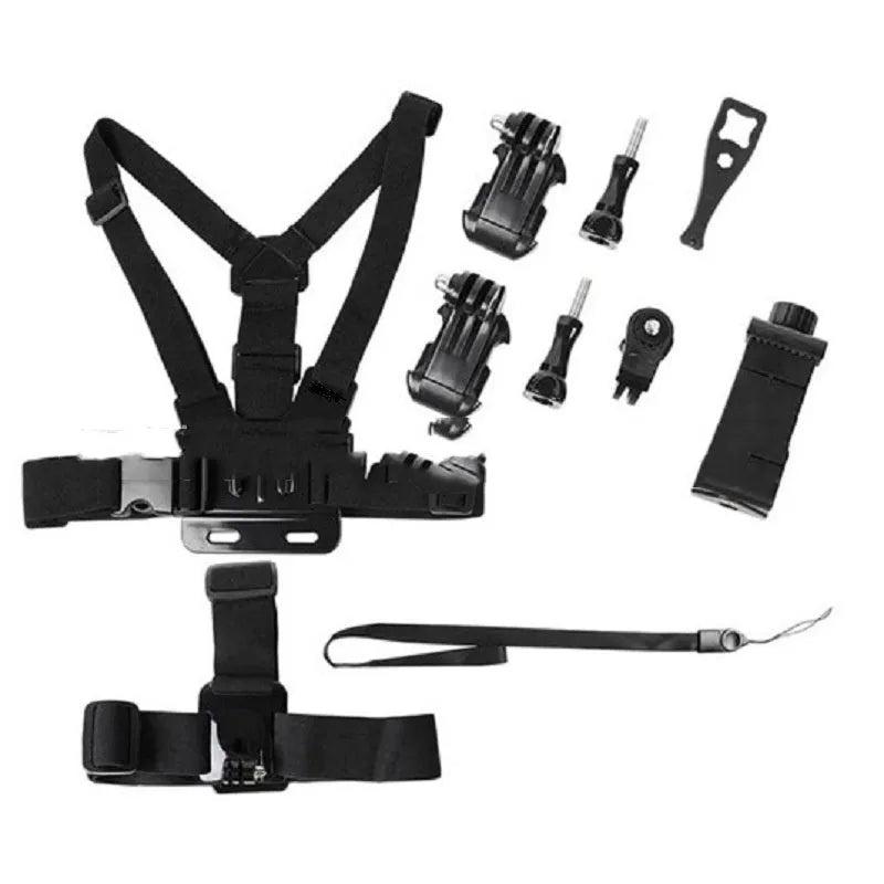 9-in-1 black chest strap and headband suit for sports cameras and smartphones on a plain background