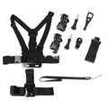 9-in-1 black chest strap and headband suit for sports cameras and smartphones on a plain background