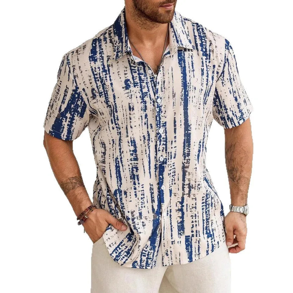 Men's light blue striped short sleeve casual shirt made from anti-wrinkle polyester fabric.