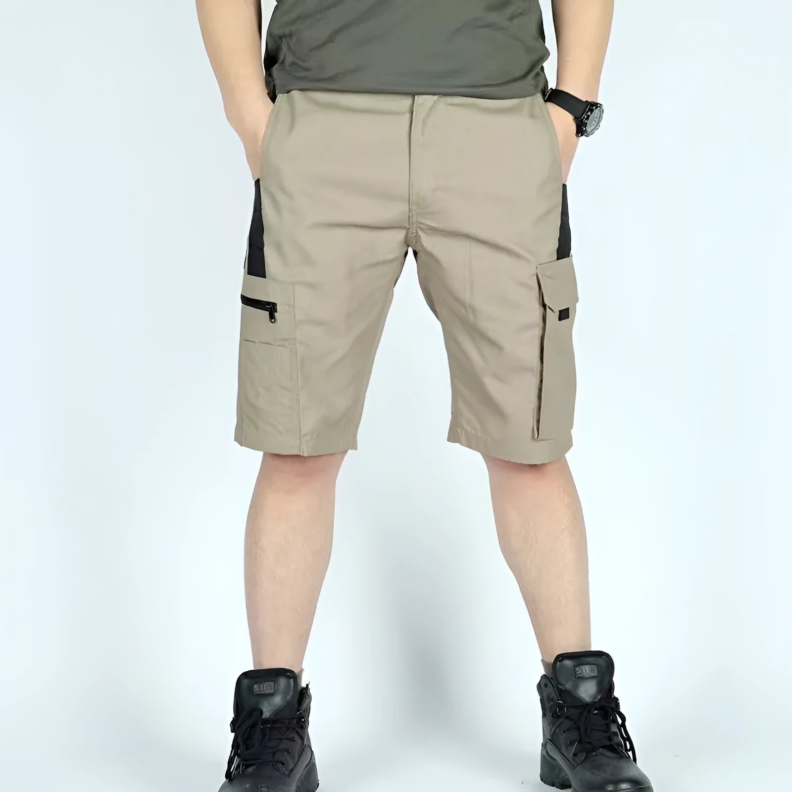 Adult unisex elastic waist camouflage shorts shown in multiple colour and pattern options.