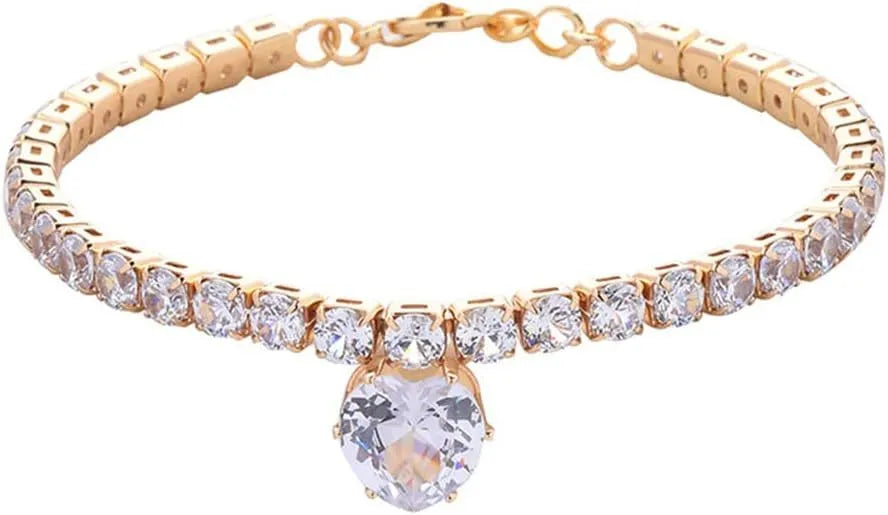 Gold heart-shaped rhinestone collar for dogs and cats on a white background.