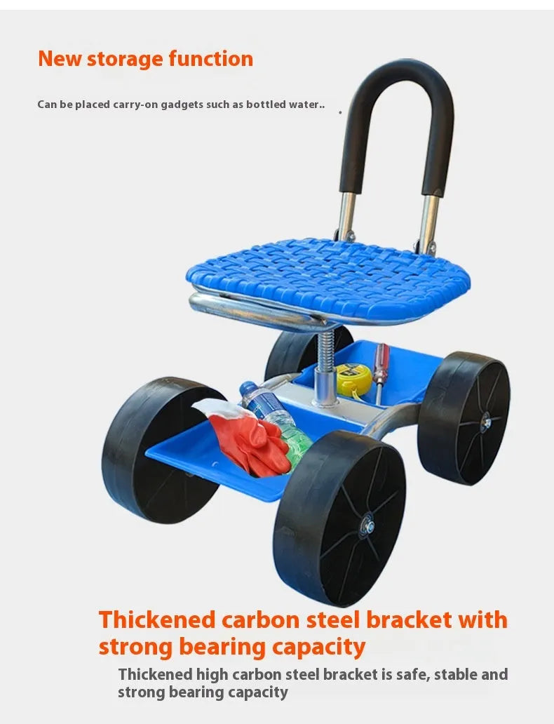 Folding garden mobile seat on wheels with galvanized pipe frame, shown in outdoor setting