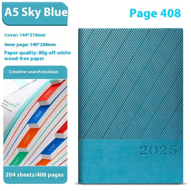 Business notepad with striped PU leather cover showing 204 sheet capacity and wood-free paper