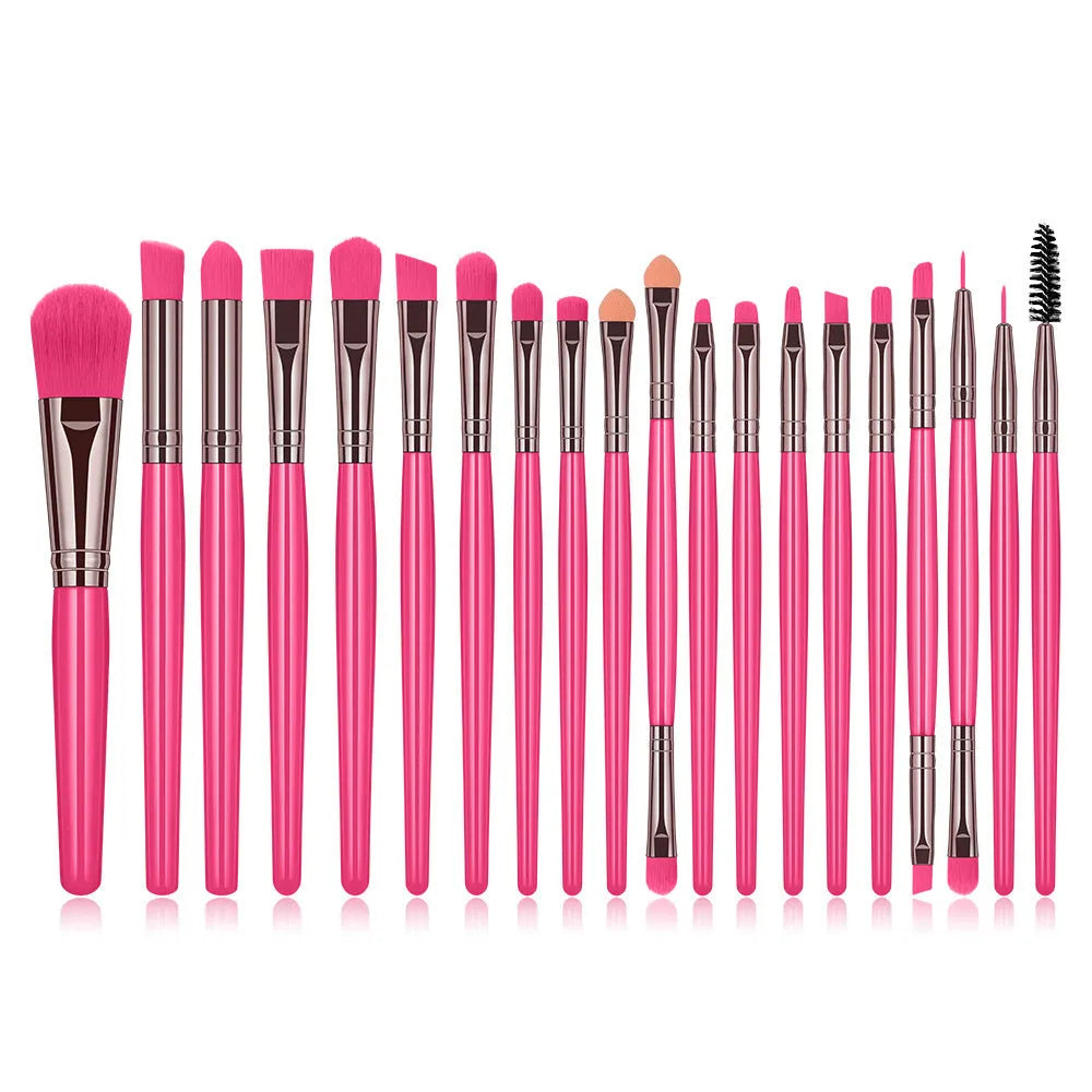20pc fluorescent makeup brush set with blush, powder, eyeshadow, lip and mascara brushes in nylon wool and plastic