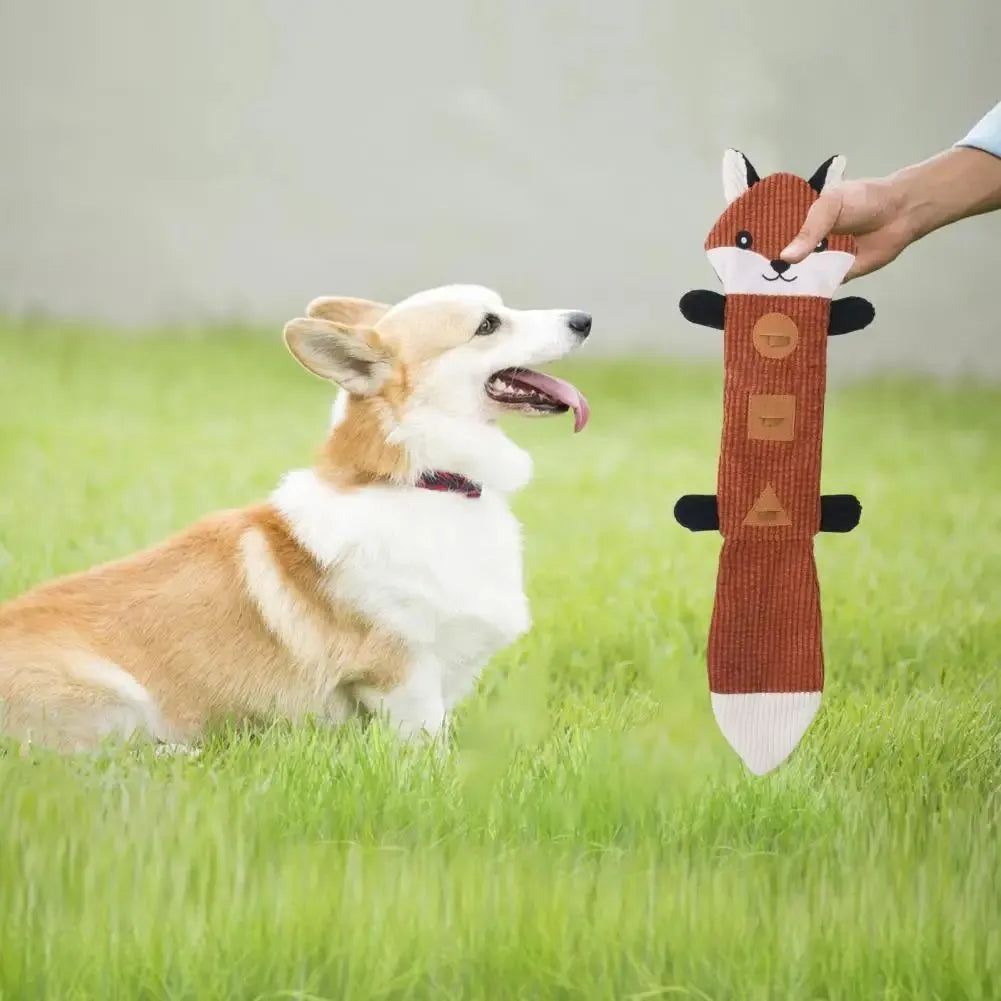 Plush dog chew toy shaped like a fox with squeaker and treat pockets, 47cm long