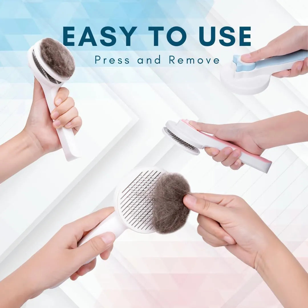 Self-cleaning pet grooming brush with ergonomic handle in blue, grey, or pink