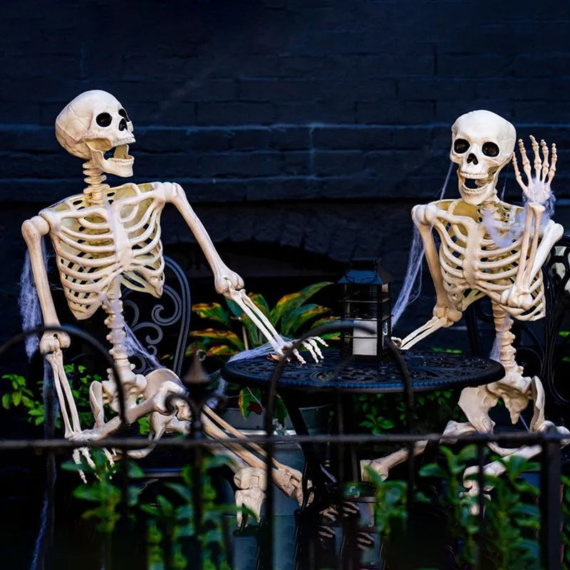 90cm tall poseable plastic Halloween skeleton model with movable arms and legs for decoration.