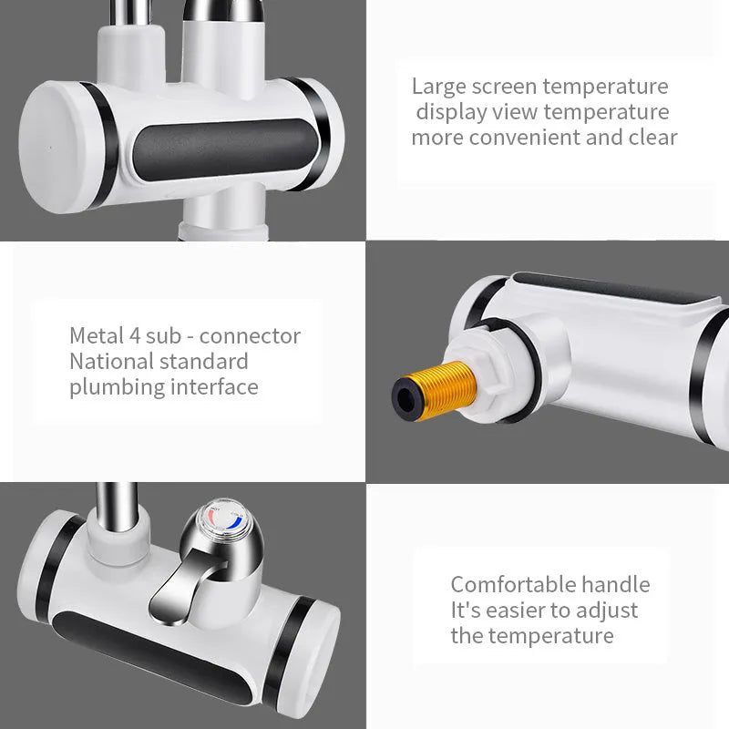 White kitchen electric instant water heater tap with digital temperature display on its front.