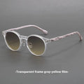 Retro frosted round rim sunglasses with patterned lenses in sand white frame and grey yellow lenses.