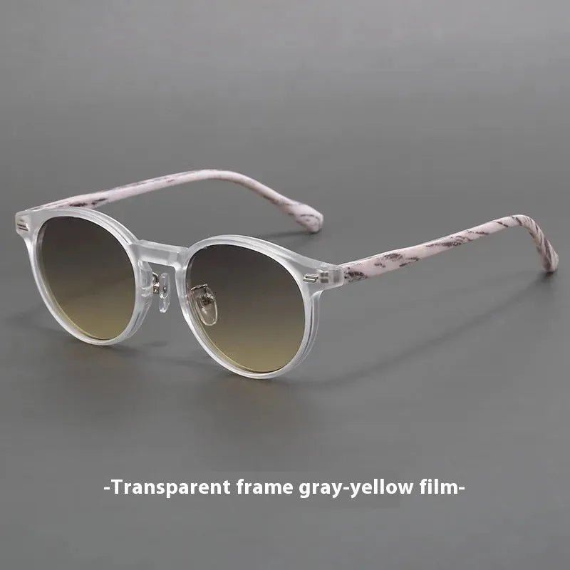 Retro frosted round rim sunglasses with patterned lenses in sand white frame and grey yellow lenses.