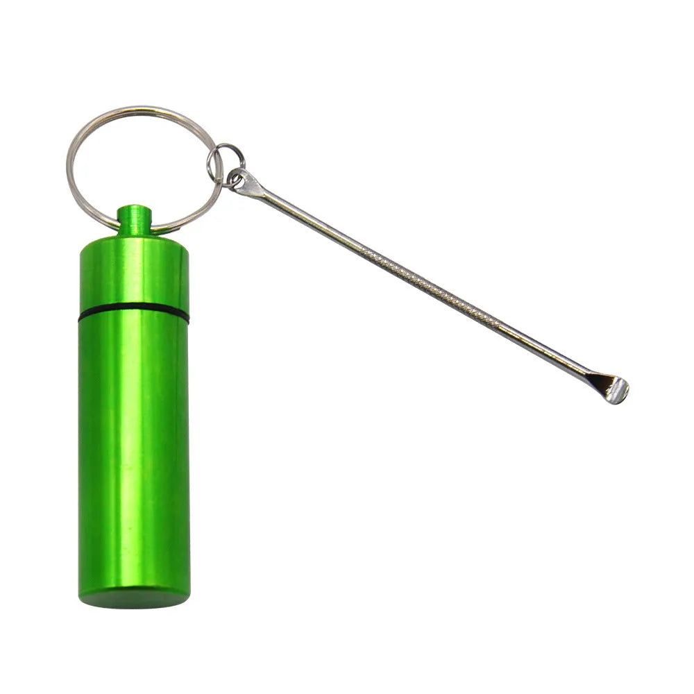 Aluminium portable pill box with spoon and keychain in five colour options