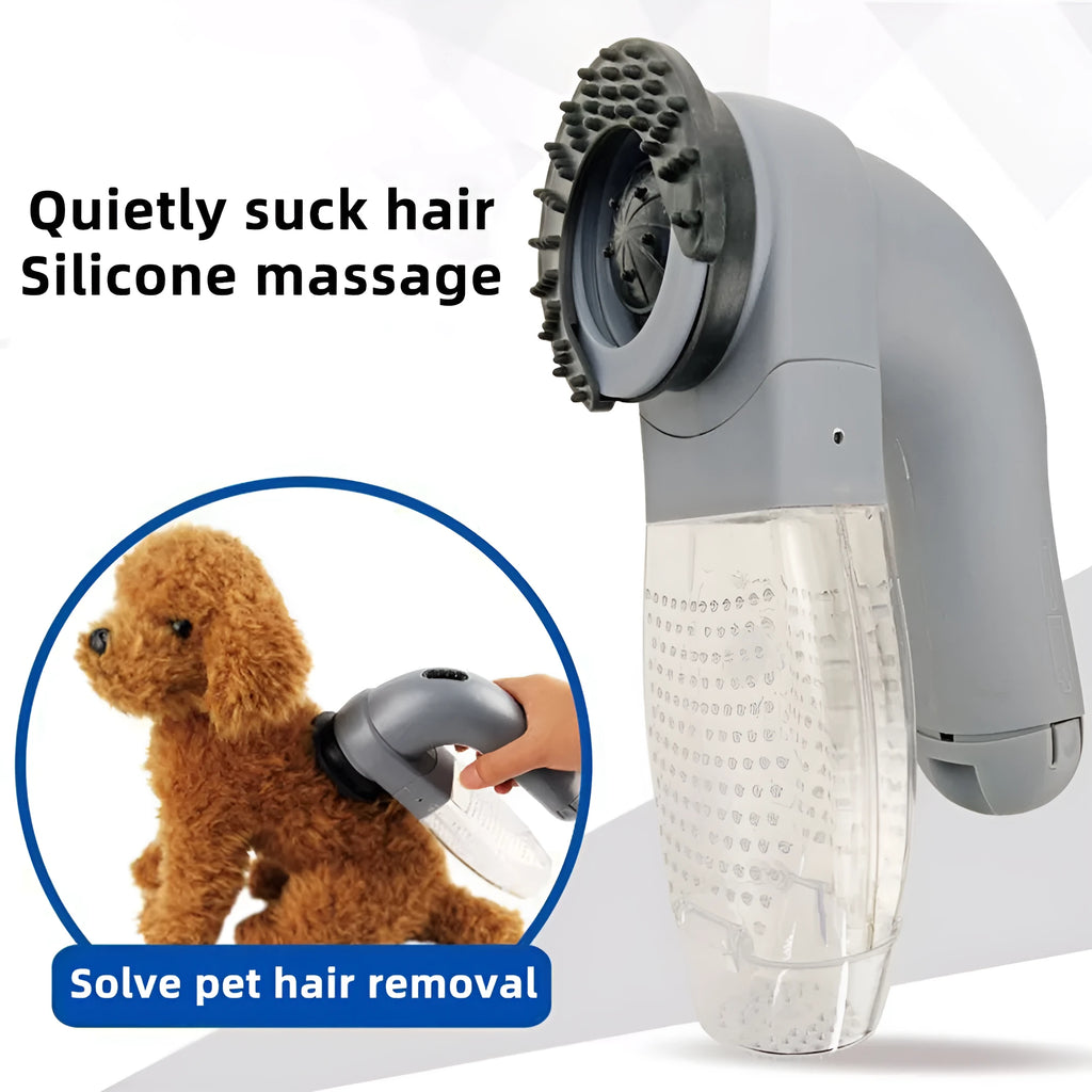 Grey handheld pet hair vacuum cleaner with soft rubber grooming brush head