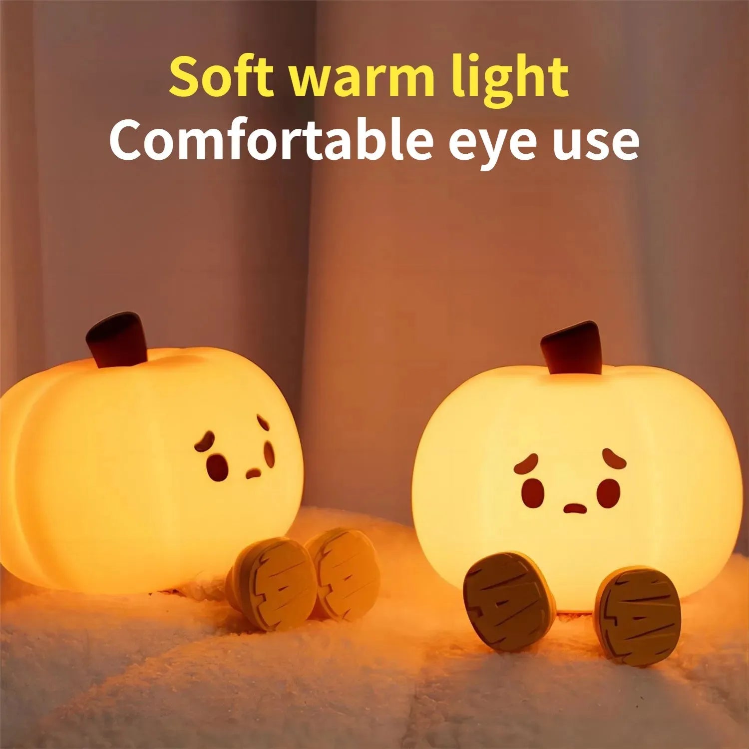 Soft silicone pumpkin-shaped night light with dimmable touch control on bedside table