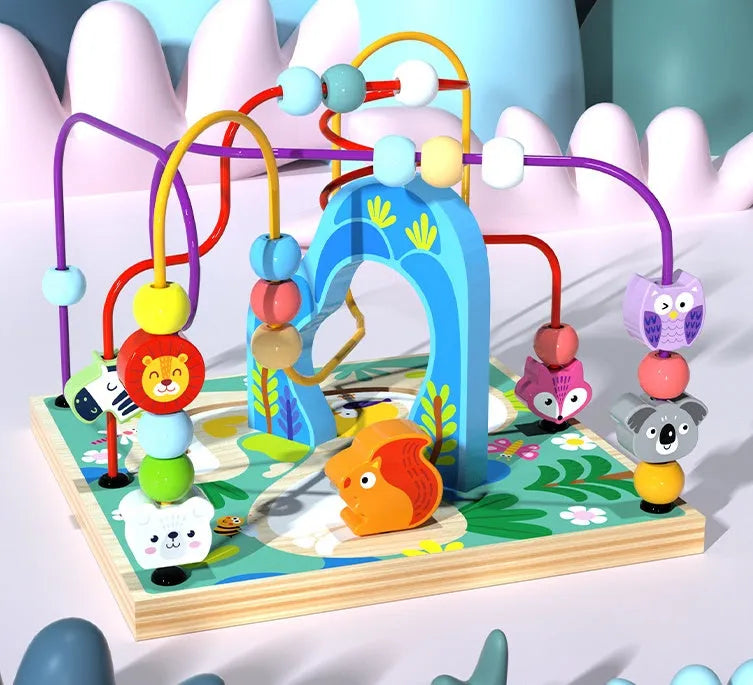 Blue wooden bead treasure box toy with four multifunctional play scenes for children aged 3+